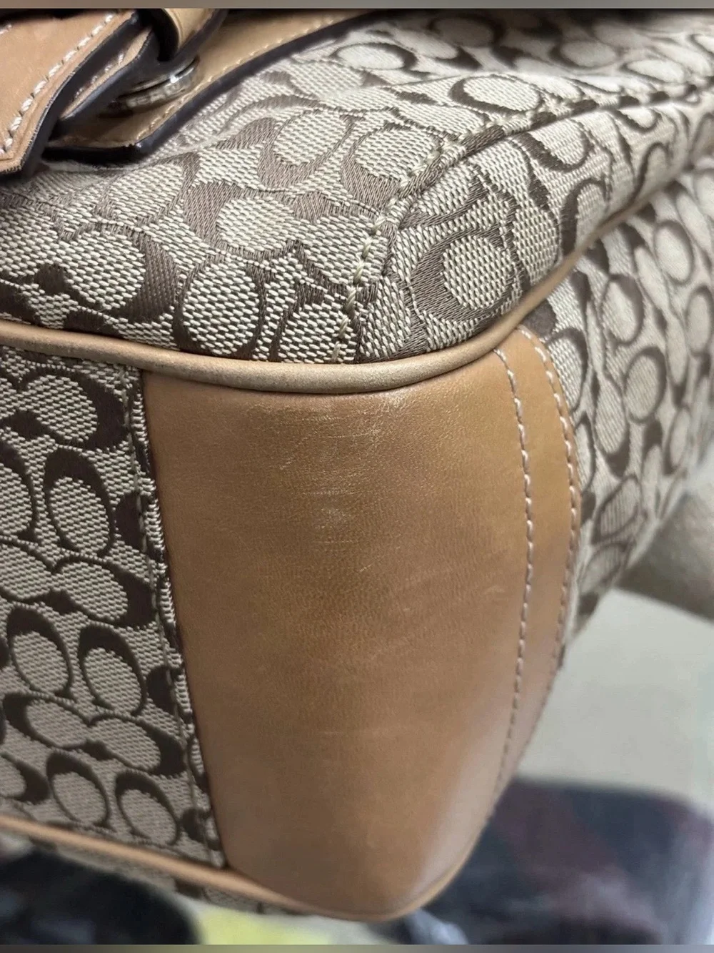 Coach Signature Canvas Crossbody Messenger in Khaki and Chalk with Brown Trim.